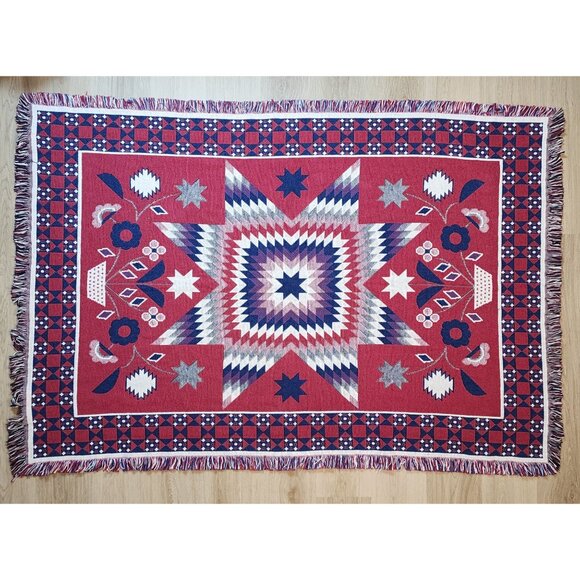 Woven Blanket Wall Hanging Patriotic Red White Blue Fringed Flowers Patchwork - Picture 2 of 14